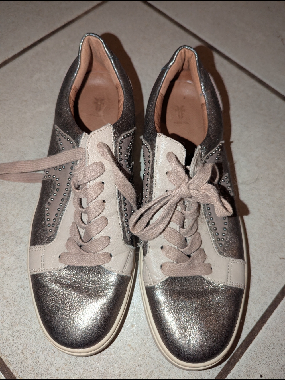 Frye Metallic Pewter and Cream Lace-Up Sneakers